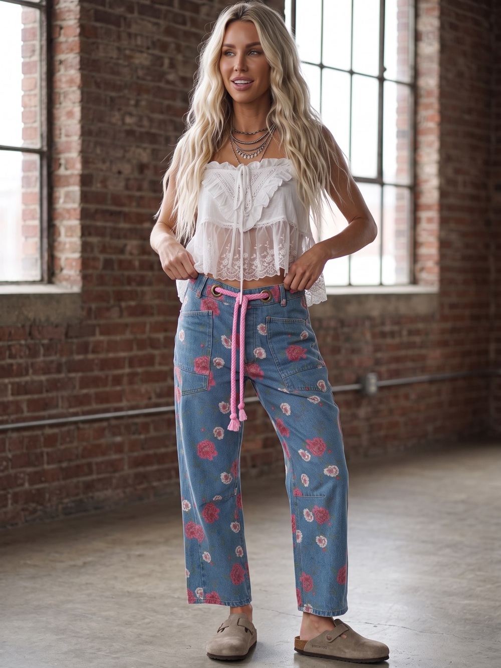 NWT Eesome Vibtage Floral Rose Print Rope Tie Belted Waist Barrel Jeans Denim